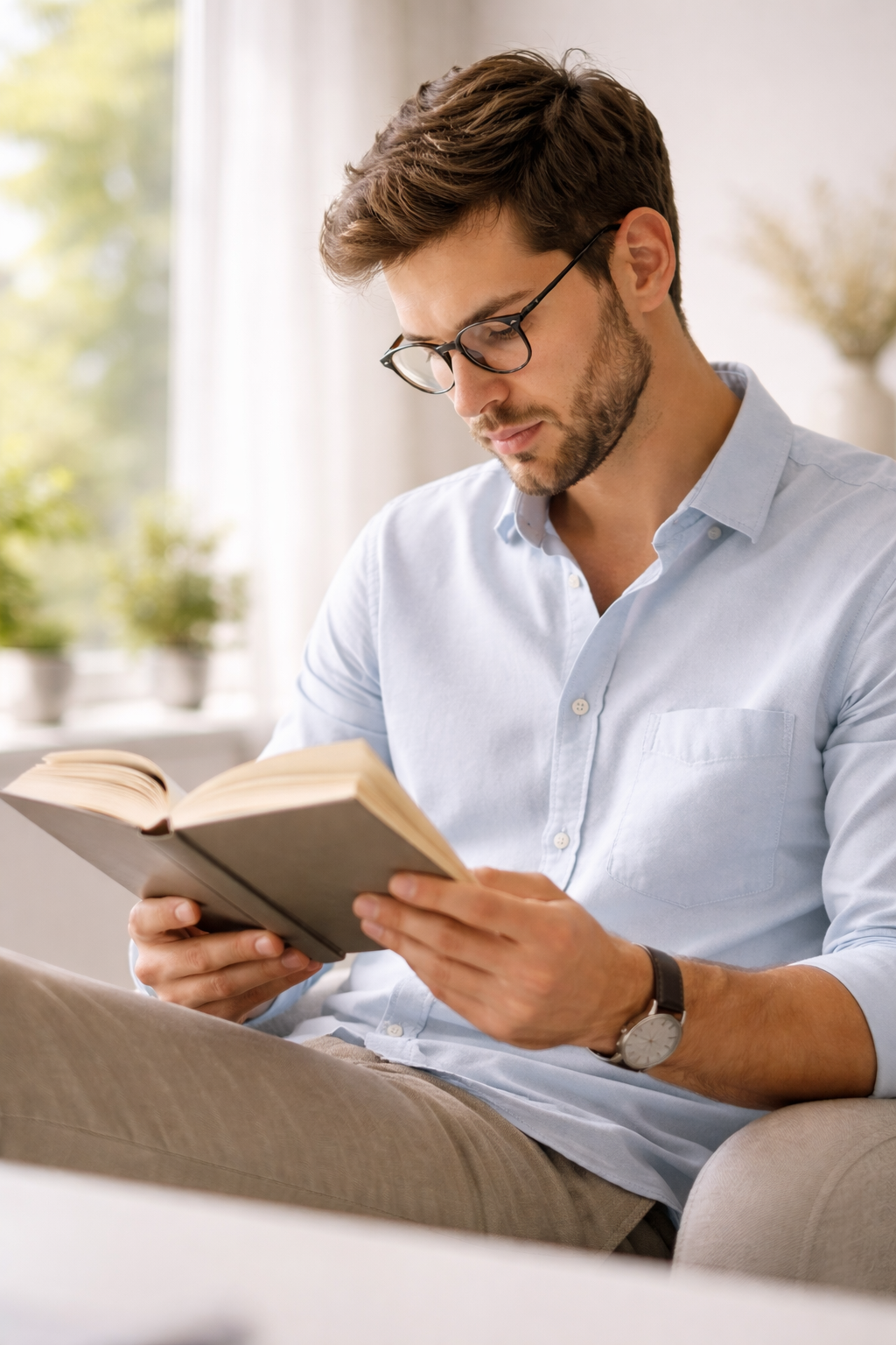 Man reading a book in bright natural light, illustrating focus, learning, and brain health support through daily habits