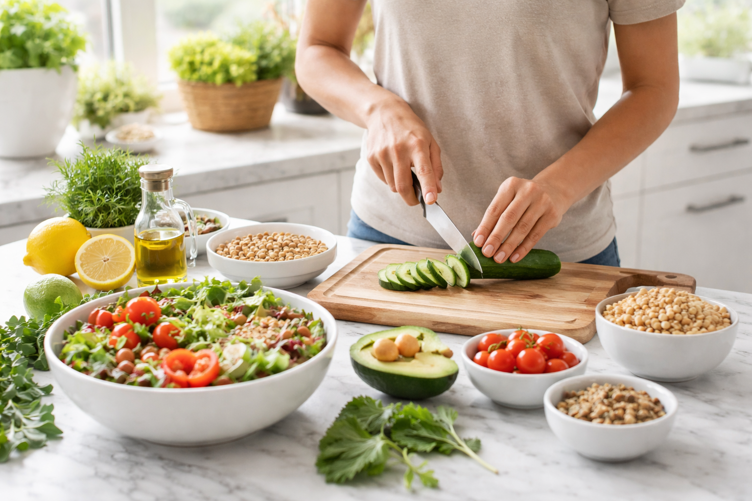 Close-up of fresh ingredients and healthy food preparation on a marble counter, supporting gut health and digestive wellness