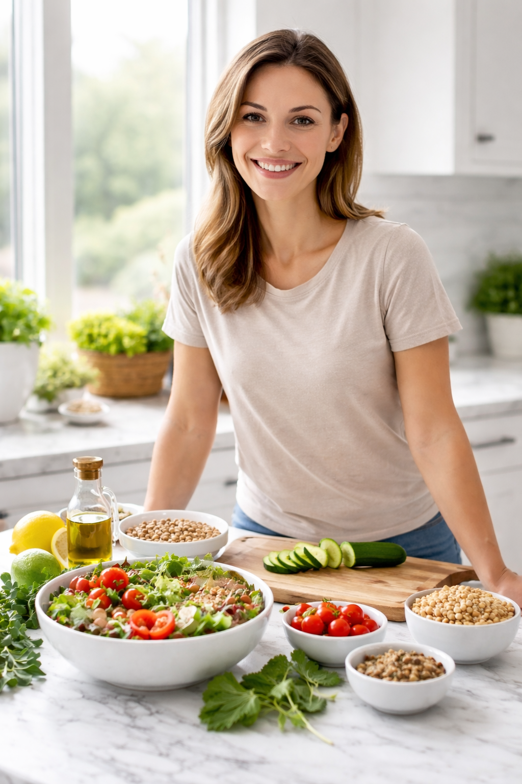 Woman smiling in the kitchen with a healthy meal, supporting gut health, digestion, and balanced nutrition