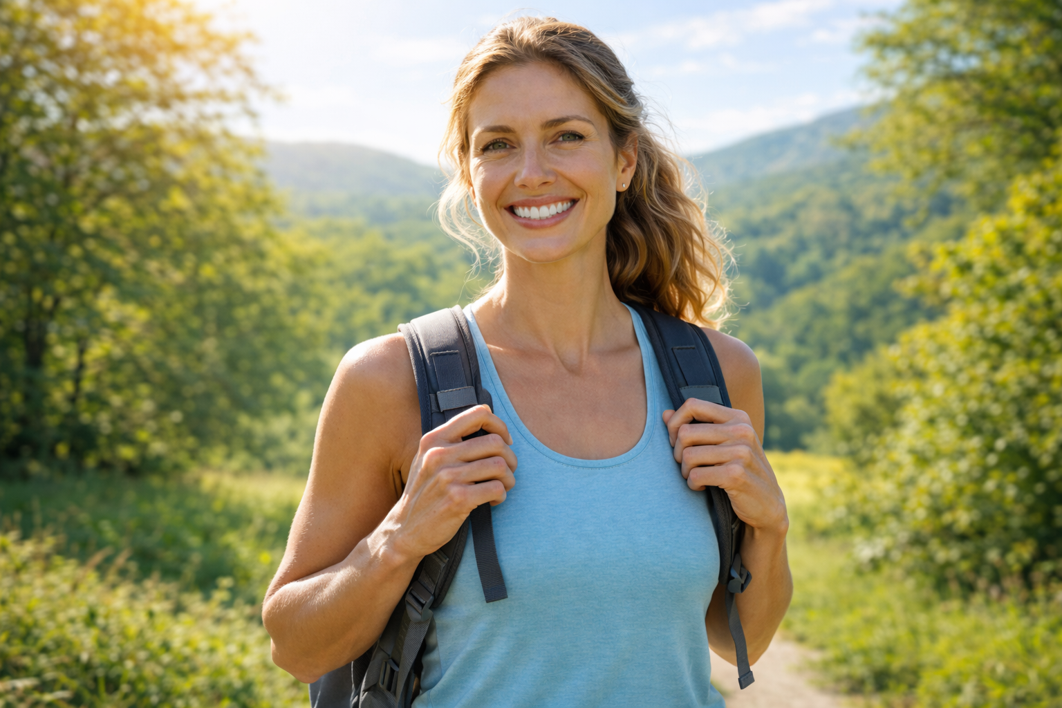 Woman outdoors on a hike in natural light, supporting an active lifestyle, immune balance, and daily wellness