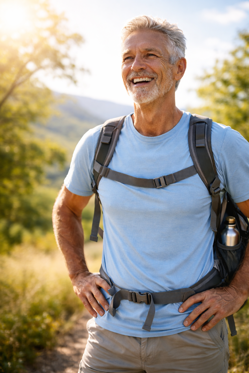 Confident active adult in bright natural light, representing healthy aging and long-term wellness support