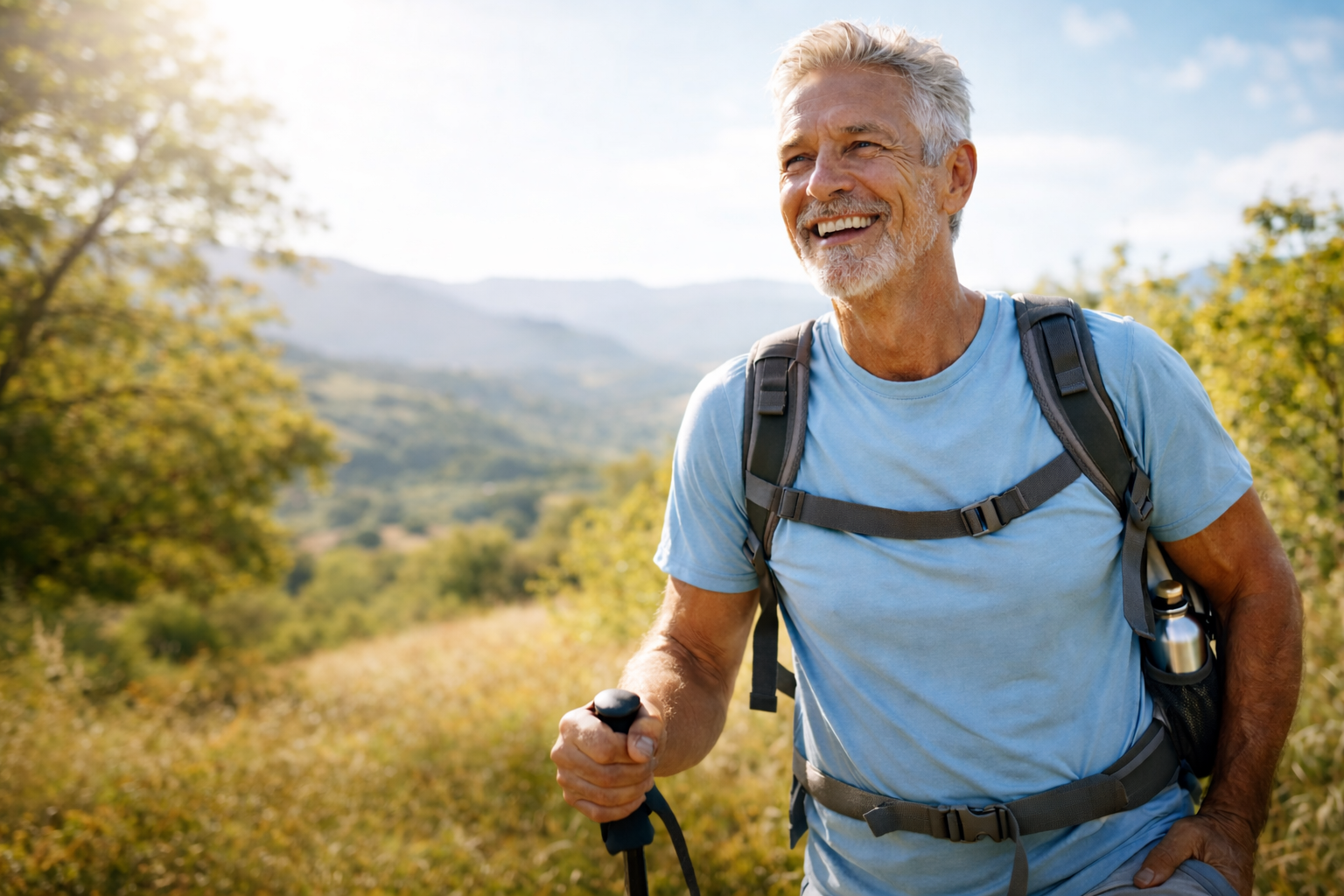 Adult hiking outdoors in natural light on a trail, supporting active aging and longevity-focused wellness