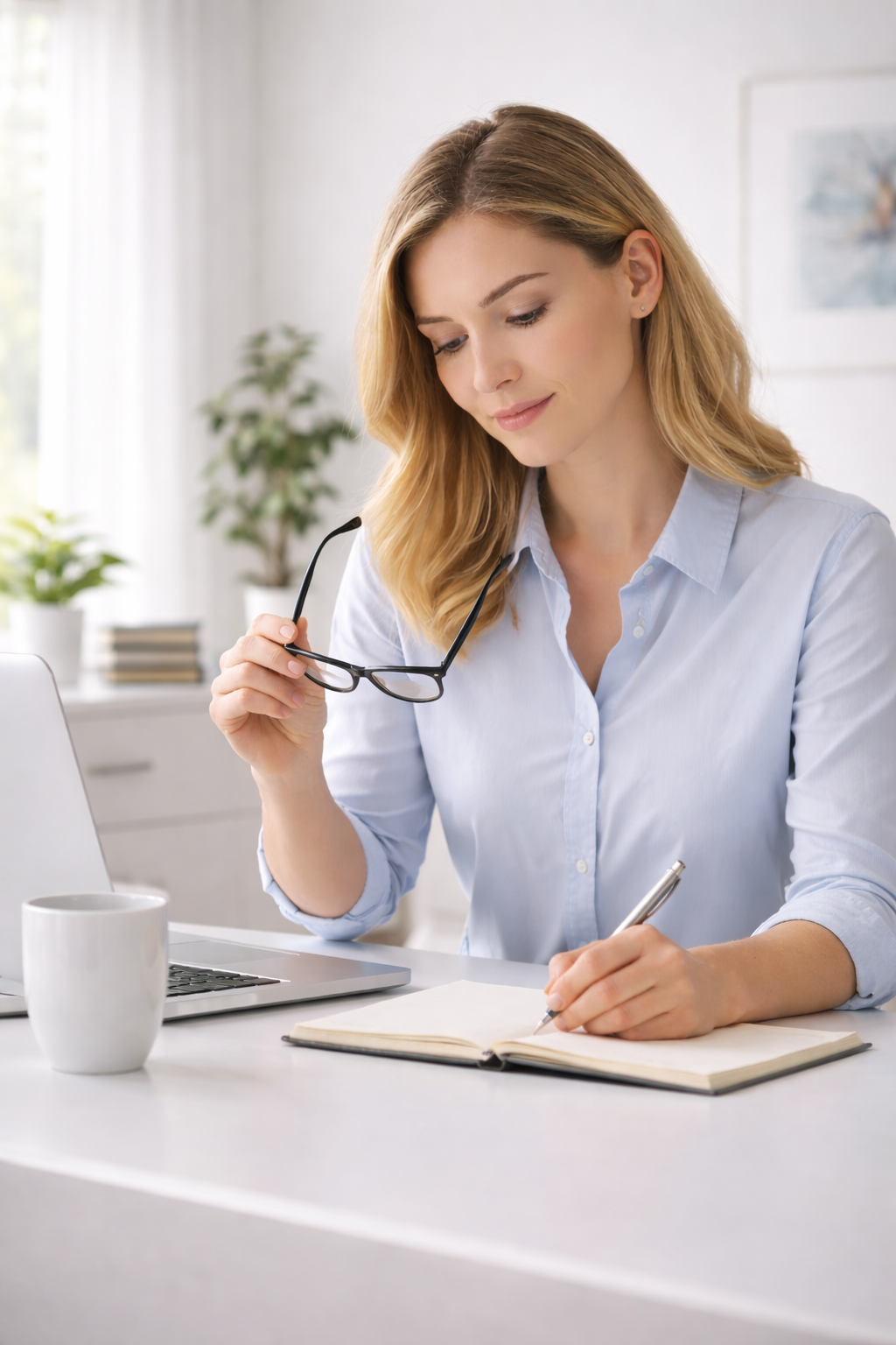 Woman working at a home office desk, representing daily demands, focus, and stress management with structured wellness support