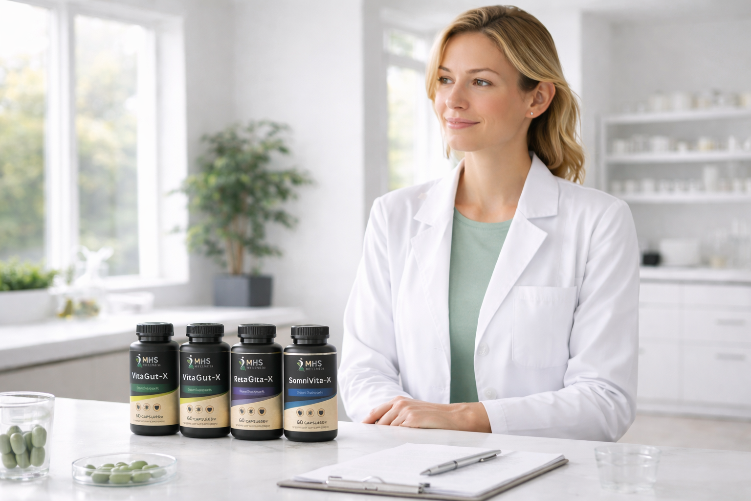 Healthcare professional with MHS Wellness supplement bottles in a clean clinical setting representing trusted daily wellness support