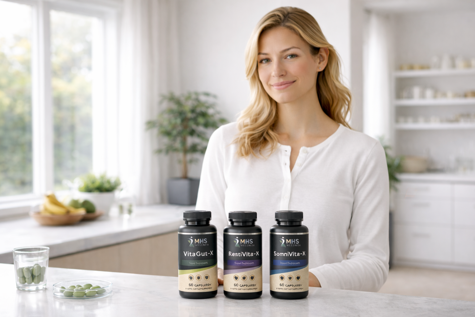 Woman in a bright modern home holding MHS Wellness supplement bottles, representing trusted daily wellness and lifestyle support