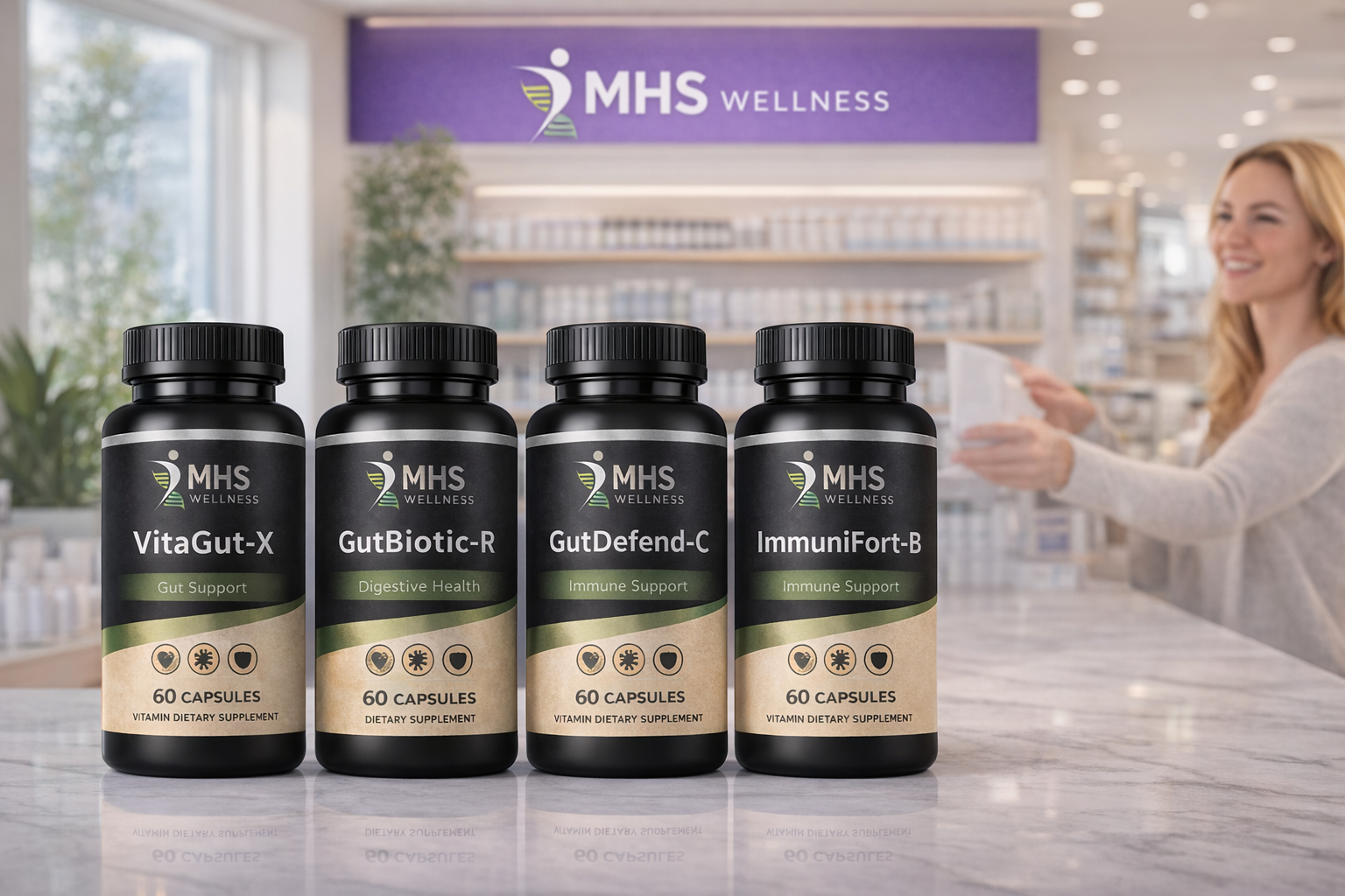 MHS Wellness supplement products for gut health and immune support arranged in a modern retail environment